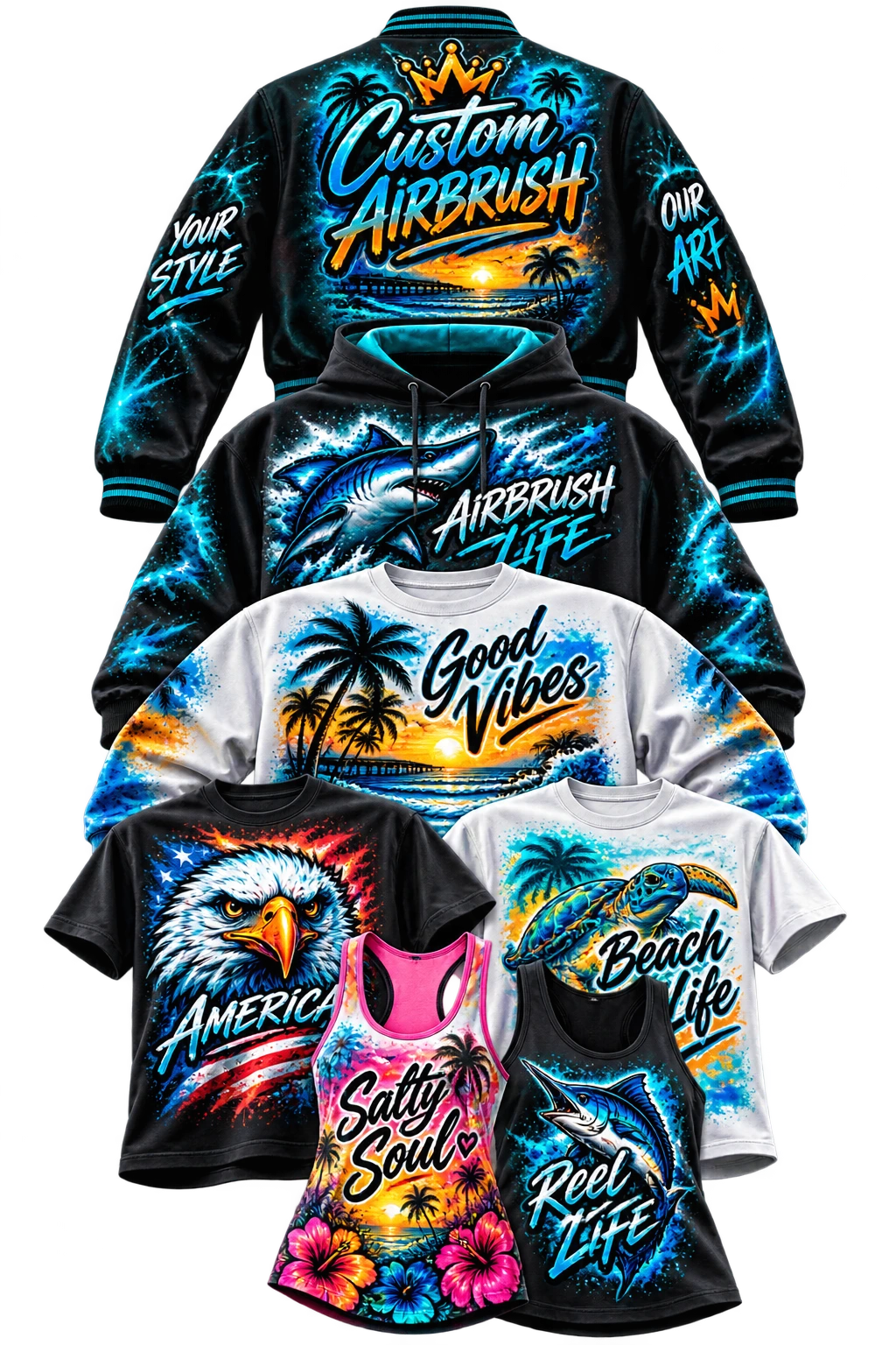 Custom airbrush jackets, hoodies, shirts and tanks