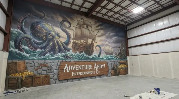 Adventure Ahoy Entertainment Co. pirate mural with giant octopus, sailing ships and treasure scene