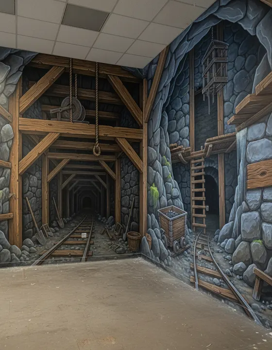 Immersive mine shaft mural with timber supports, tracks, ladders, stone walls and mining cart