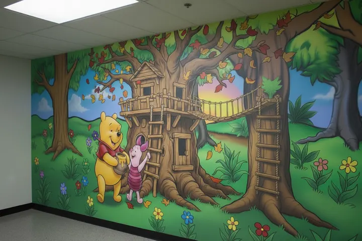 Colorful woodland treehouse mural with friendly bear and pig characters, bridge, trees and flowers