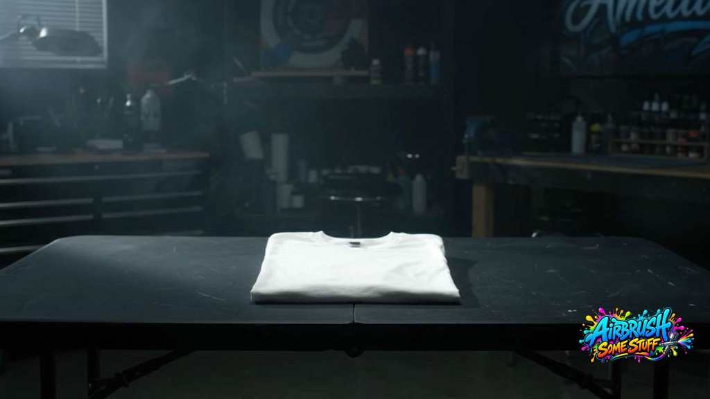 A custom beach airbrush design being created on a white shirt, from blank shirt to finished artwork