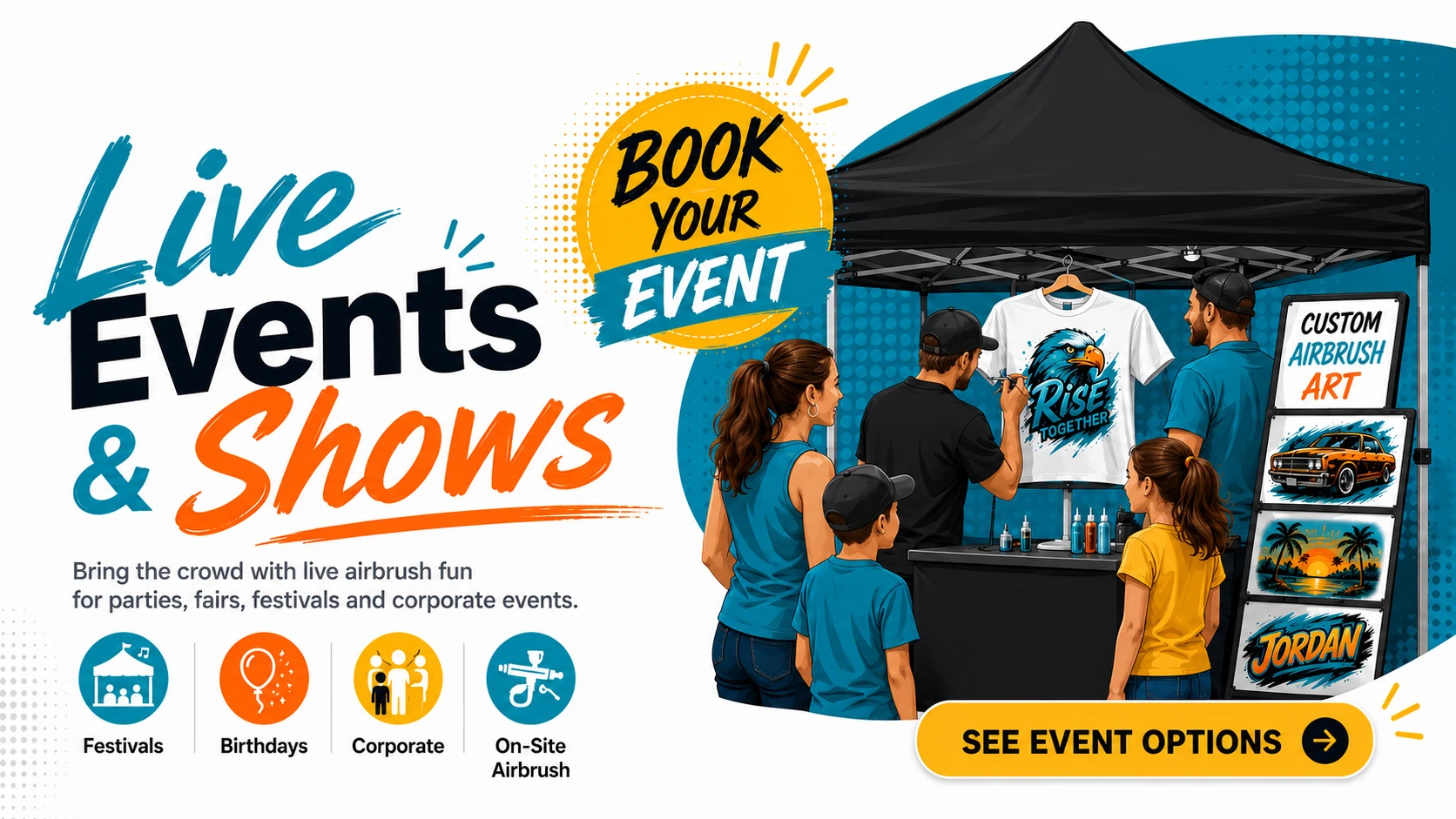 Live Events and Shows banner with an airbrush event booth and crowd.