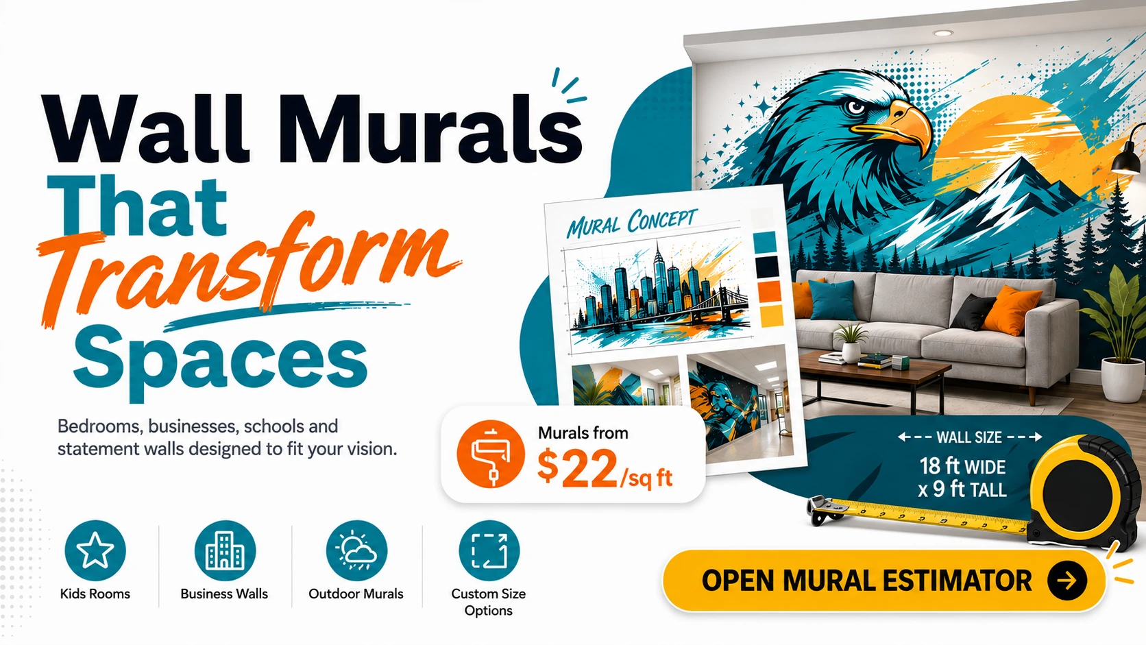Wall Murals That Transform Spaces banner with a room mural concept board and pricing.