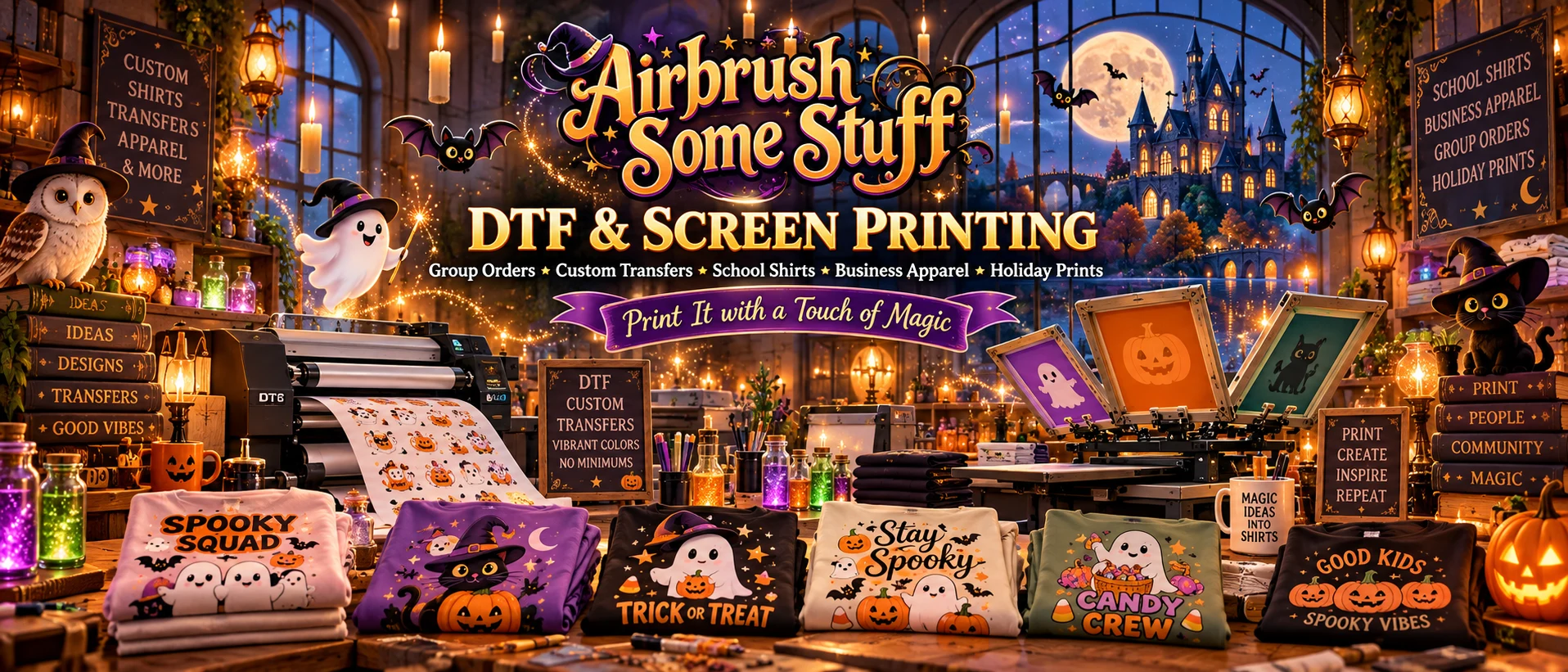 Airbrush Some Stuff DTF and screen printing Halloween banner with custom transfers, group apparel and printed Halloween shirts
