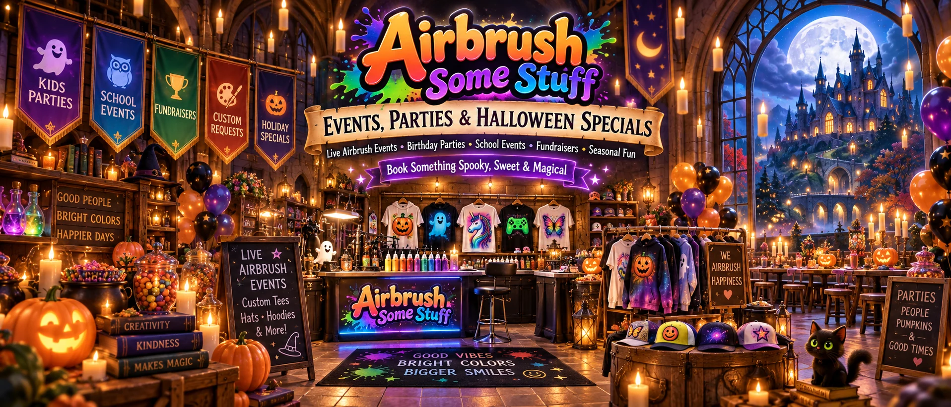 Airbrush Some Stuff events, parties and Halloween specials banner featuring live airbrush events, school events and fundraisers