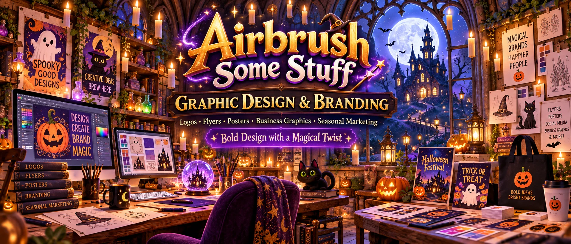 Airbrush Some Stuff graphic design and branding Halloween banner featuring logos, flyers, posters and business graphics