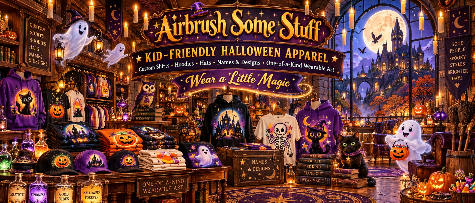 Airbrush Some Stuff kid-friendly Halloween apparel banner with custom shirts, hoodies, hats, names and designs