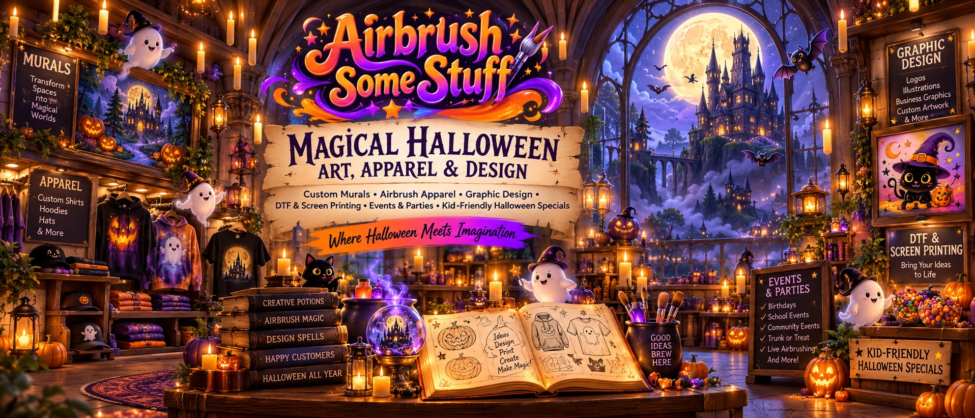 Airbrush Some Stuff magical Halloween art, apparel and design banner with murals, graphic design, DTF printing and events
