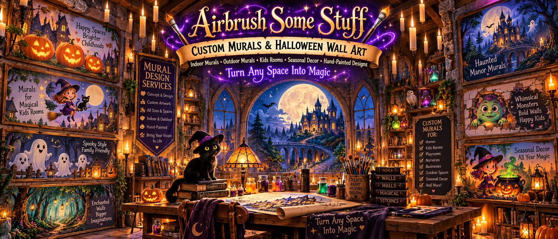 Airbrush Some Stuff custom murals and Halloween wall art banner featuring indoor murals, kids rooms and hand-painted designs