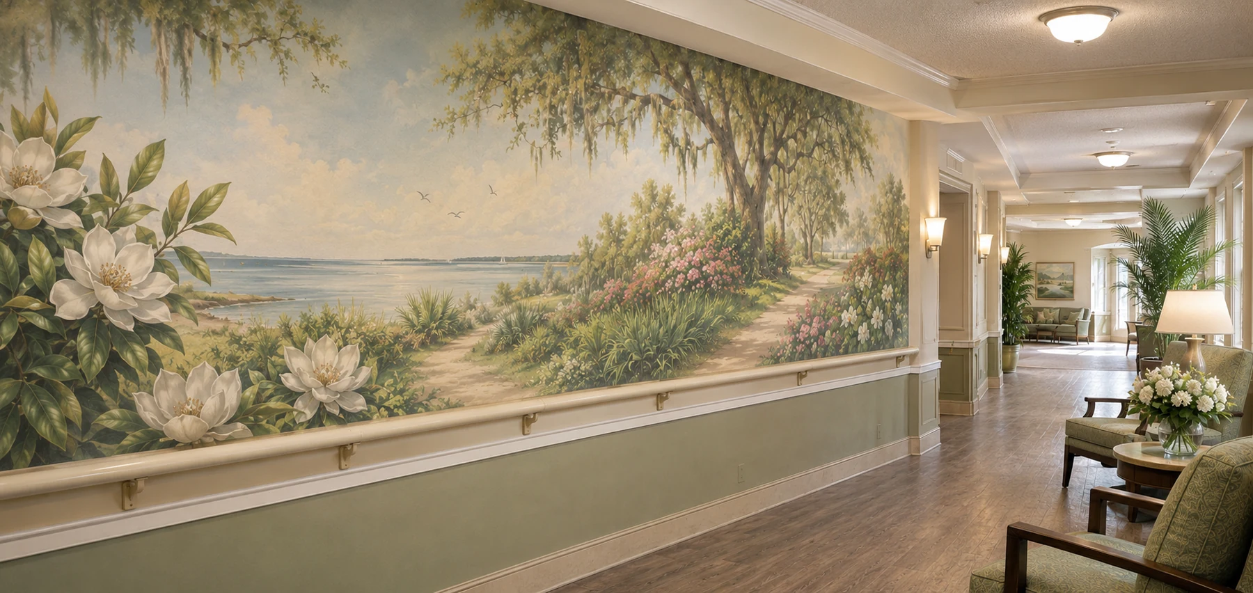 Soft coastal garden mural in a senior living hallway