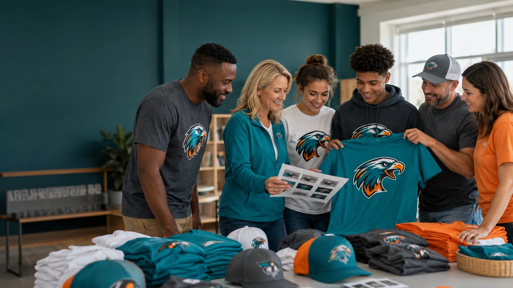 Group reviewing coordinated team shirts and hats