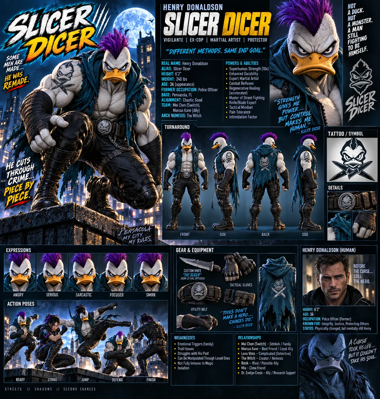 Character board showing Slicer Dicer poses, details and gear