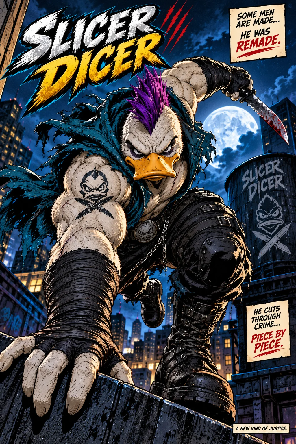 Comic-book style artwork of Slicer Dicer leaping through a city skyline