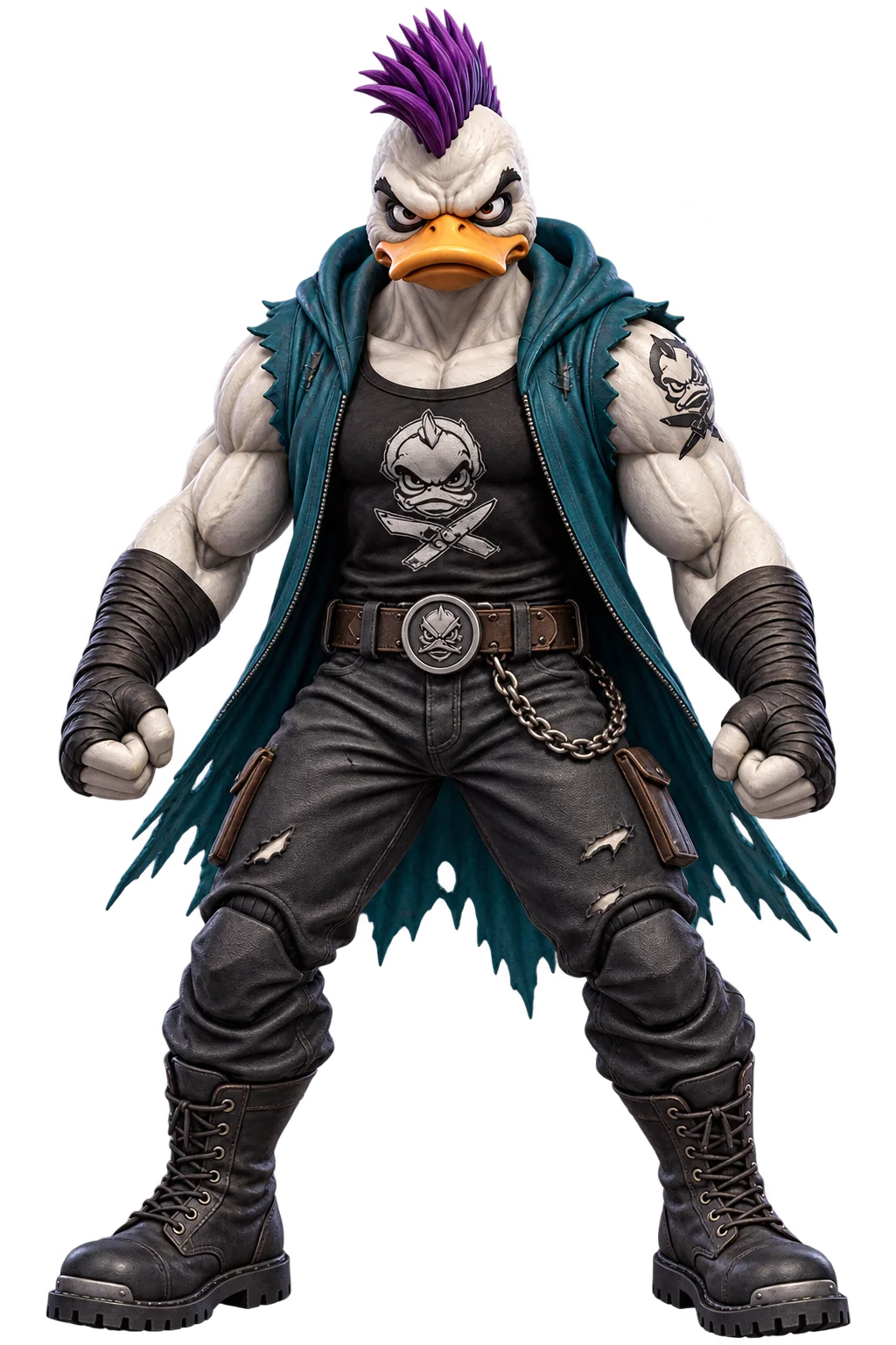 Full body render of Slicer Dicer with purple mohawk and dark streetwear