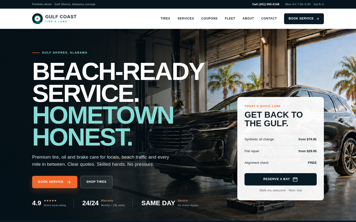 Explore the Gulf Coast Tire & Lube working website. — Desktop view