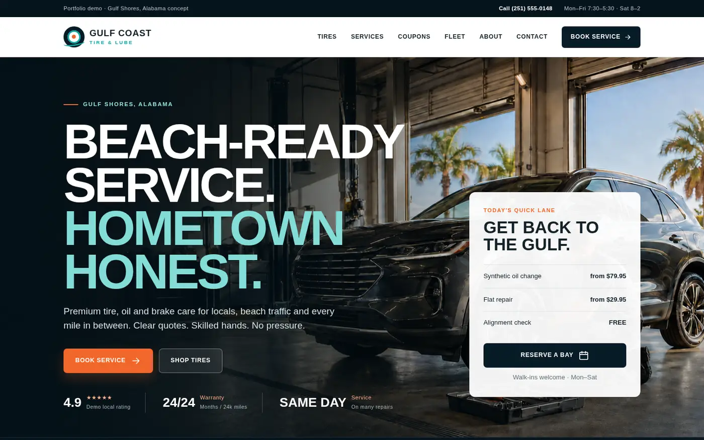 Explore the Gulf Coast Tire & Lube working website. — Desktop view