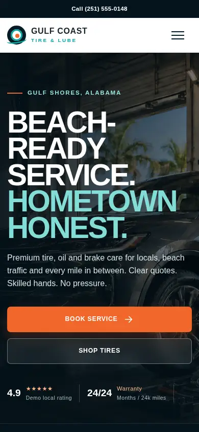 Explore the Gulf Coast Tire & Lube working website. — Mobile view