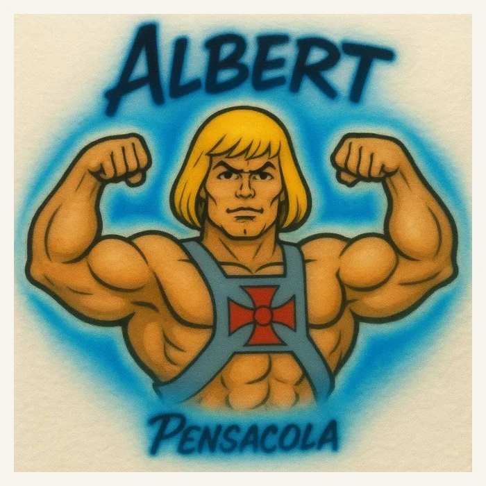 Albert muscular fantasy hero Pensacola airbrush T-shirt design sample
