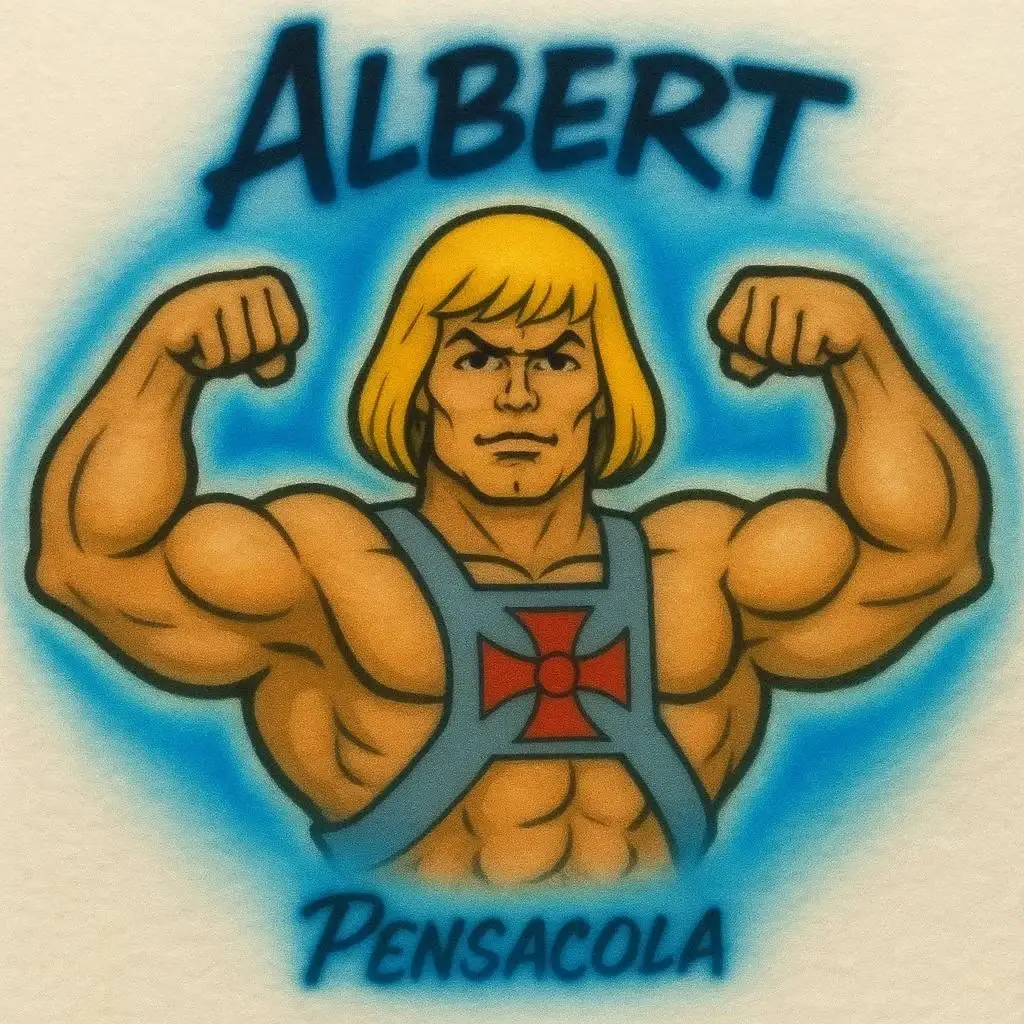 Albert muscular fantasy hero Pensacola airbrush T-shirt design sample