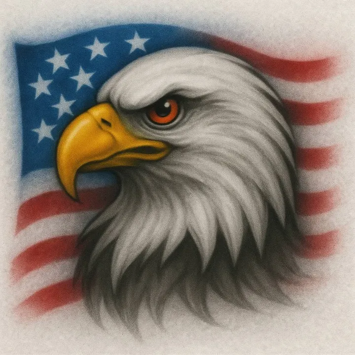 Bald eagle airbrush T-shirt design sample in front of a softly sprayed American flag