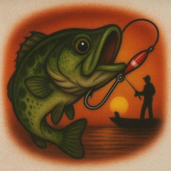 Bass fishing airbrush T-shirt design sample with large fish, lure, angler silhouette and orange sunset