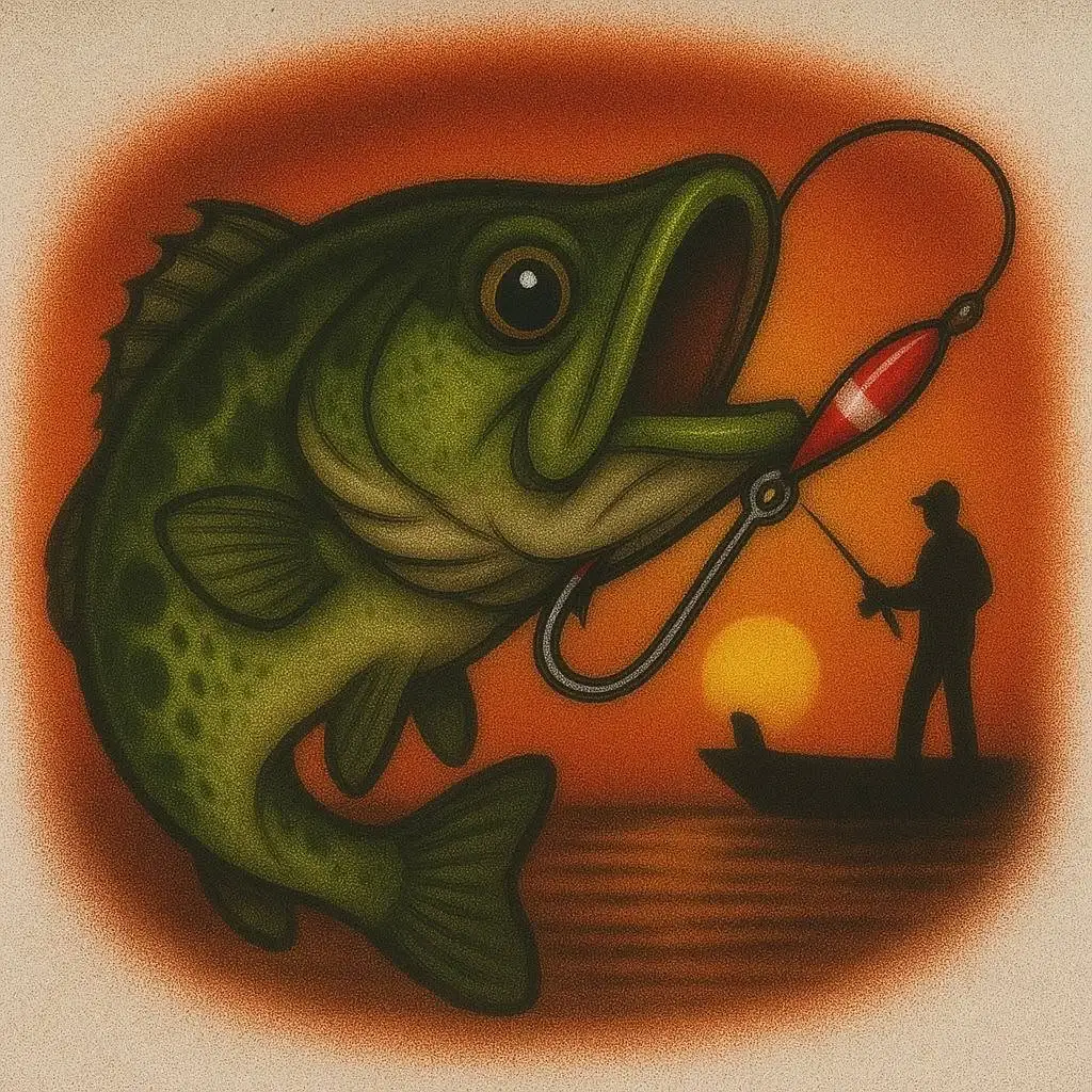 Bass fishing airbrush T-shirt design sample with large fish, lure, angler silhouette and orange sunset