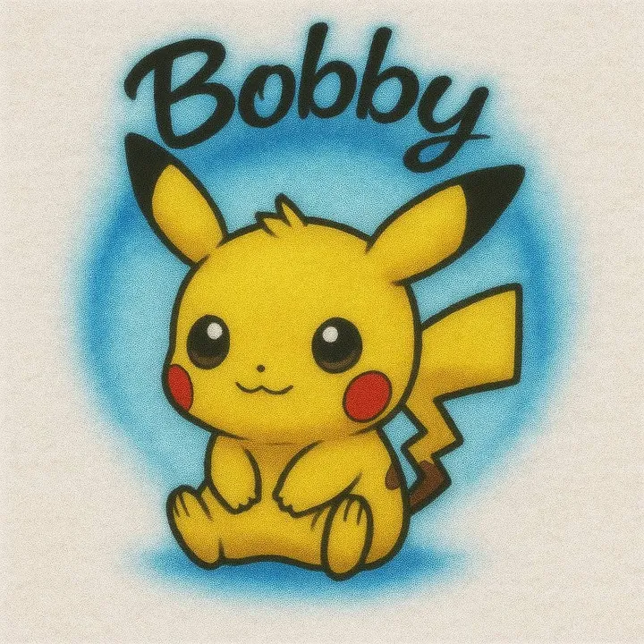 Bobby personalized Pikachu airbrush T-shirt design sample with blue spray background
