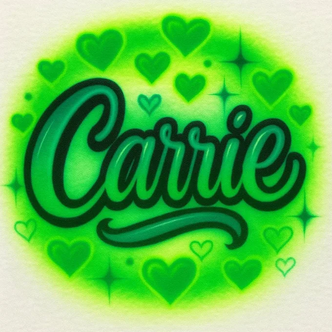 Carrie green neon personalized name airbrush T-shirt design sample with hearts