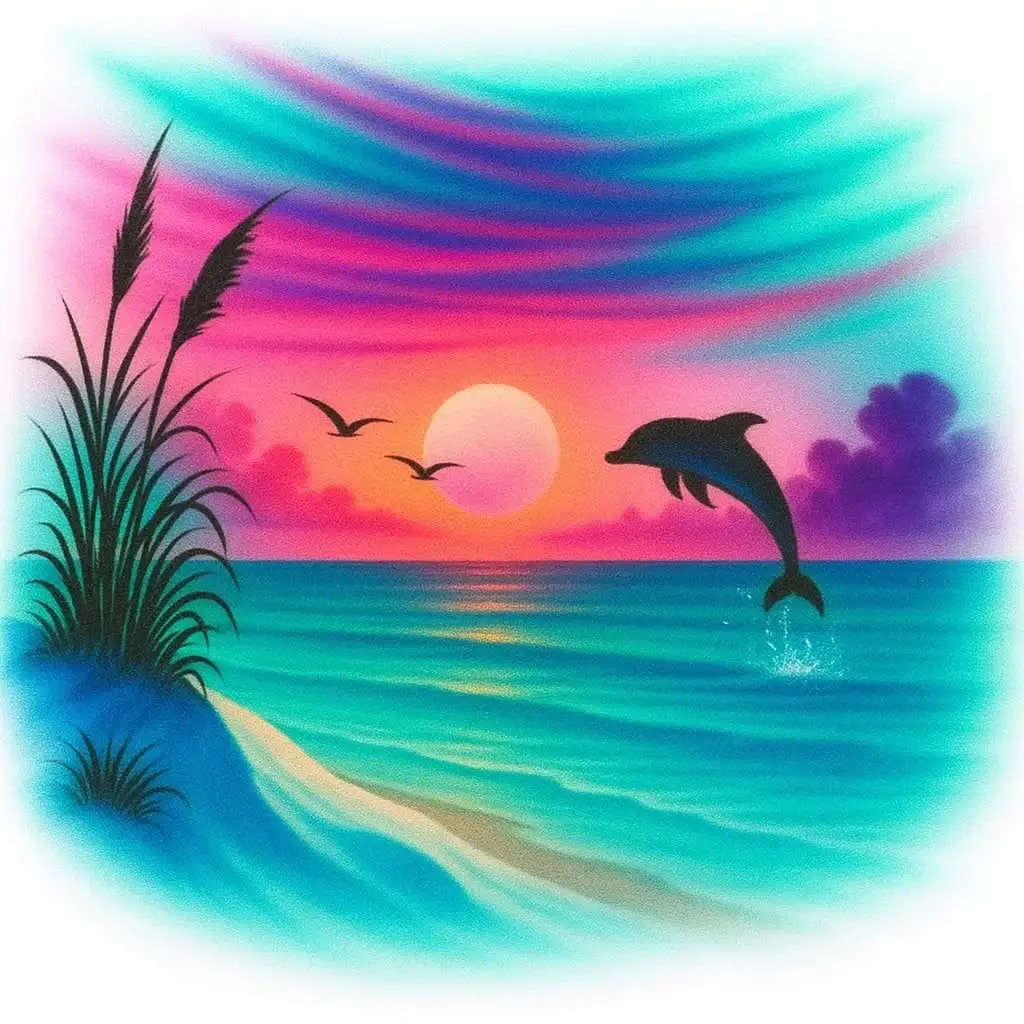 Airbrush T-shirt design sample with a jumping dolphin, tropical sunset, ocean and beach grass