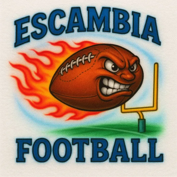 Escambia football airbrush T-shirt design sample with angry football, flames and goalpost
