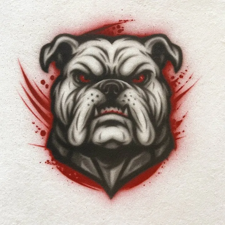 Front-facing bulldog airbrush T-shirt design sample with red eyes and red paint-splash accents