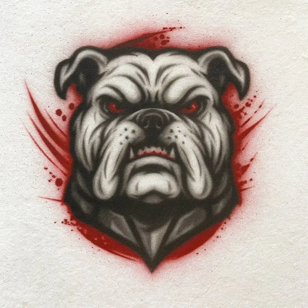 Front-facing bulldog airbrush T-shirt design sample with red eyes and red paint-splash accents