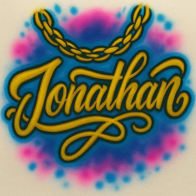 Jonathan gold script personalized airbrush T-shirt design sample with chain accent