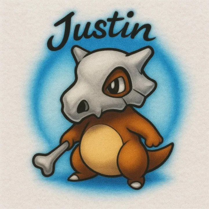 Justin personalized Cubone character airbrush T-shirt design sample with blue glow and bone