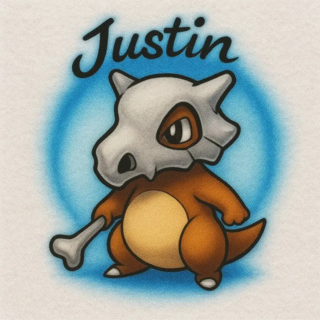 Justin personalized Cubone character airbrush T-shirt design sample with blue glow and bone