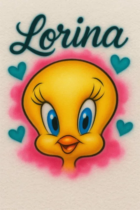 Lorina personalized Tweety airbrush T-shirt design sample with teal hearts and pink glow
