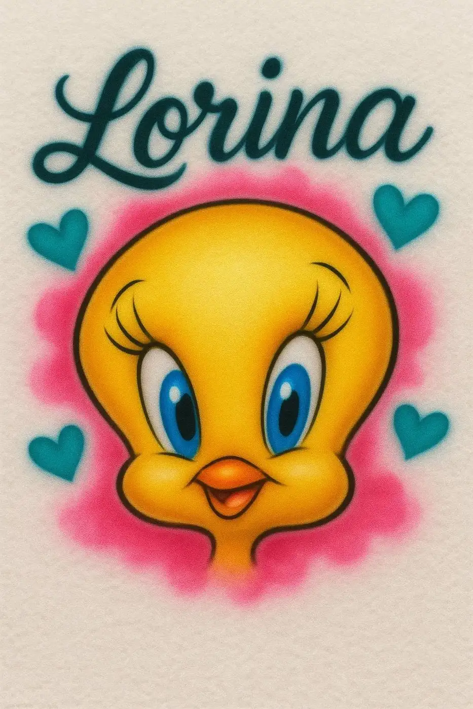 Lorina personalized Tweety airbrush T-shirt design sample with teal hearts and pink glow