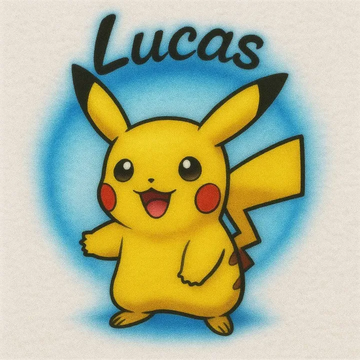 Lucas personalized Pikachu airbrush T-shirt design sample with bright blue glow