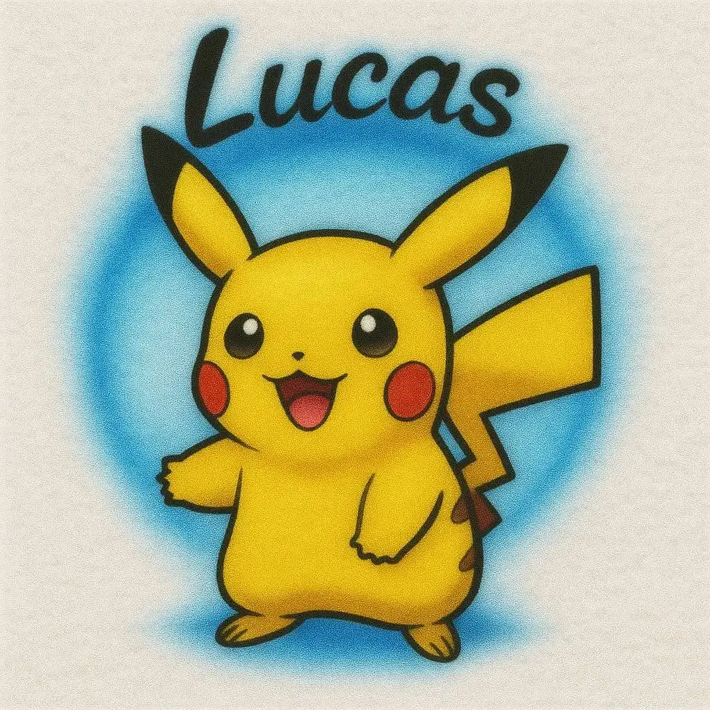 Lucas personalized Pikachu airbrush T-shirt design sample with bright blue glow