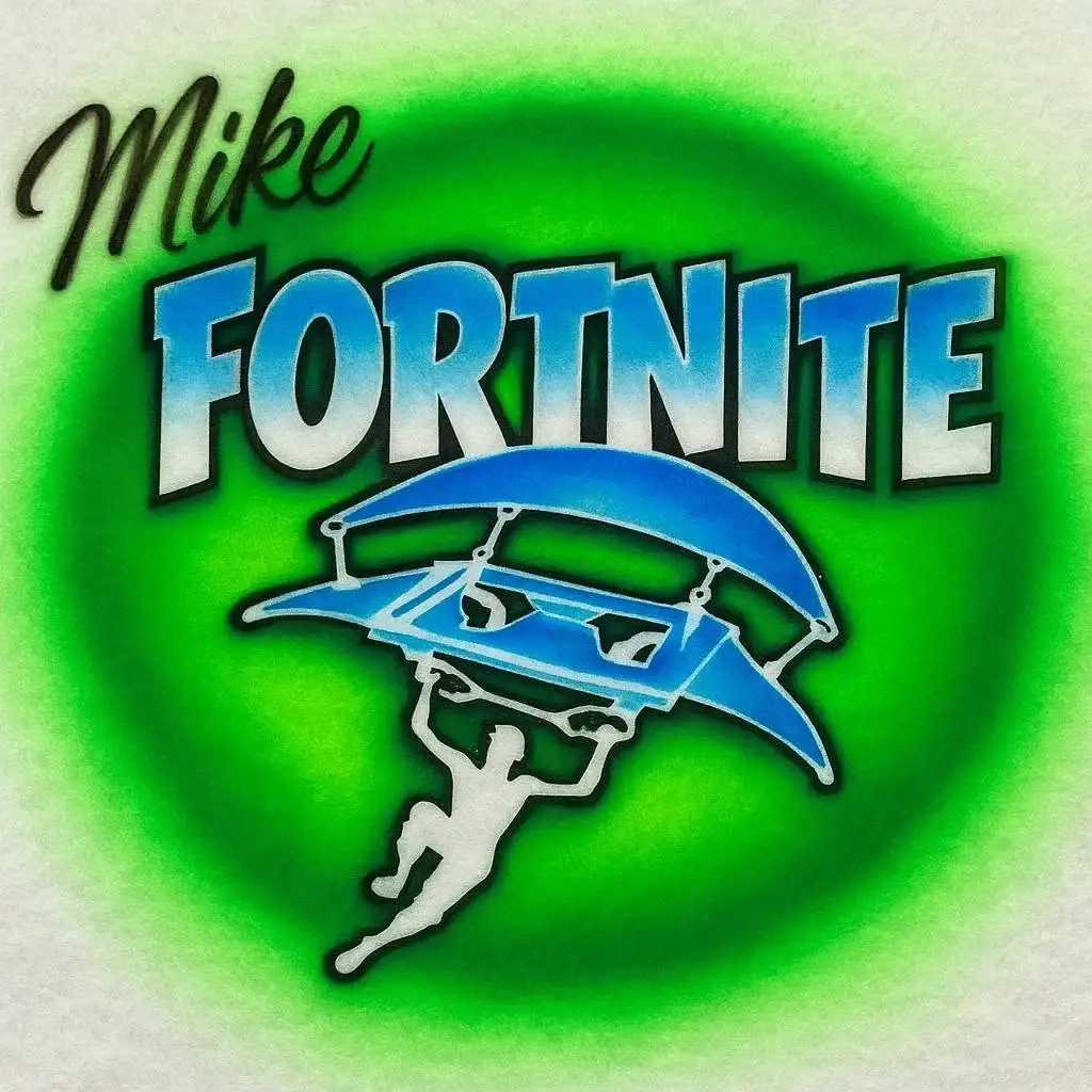 Mike personalized Fortnite-style glider airbrush T-shirt design sample with green glow