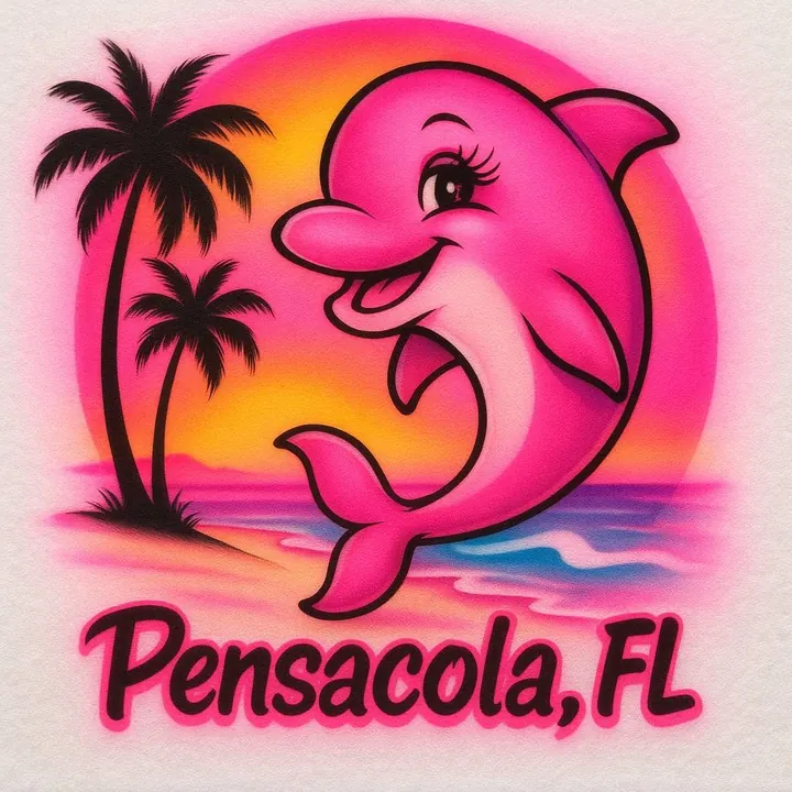Pink cartoon dolphin airbrush T-shirt design sample with palm trees, sunset and Pensacola Florida lettering
