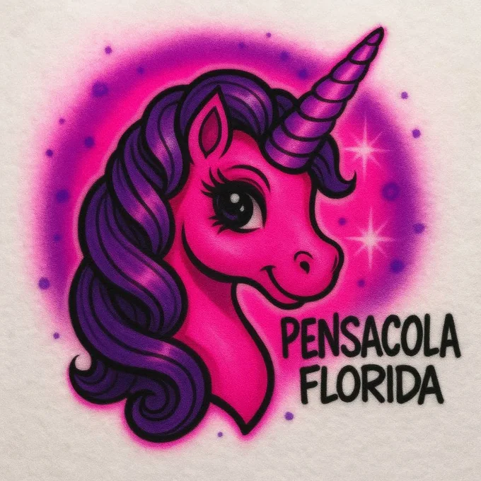 Pink unicorn Pensacola Florida airbrush T-shirt design sample