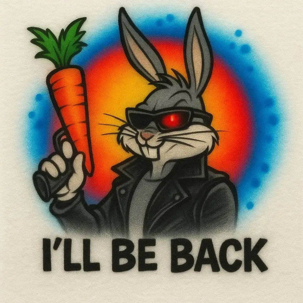 Retro rabbit I will be back cartoon airbrush T-shirt design sample