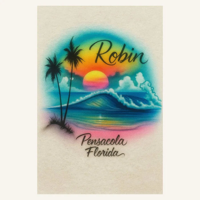 Robin wave sunset Pensacola Florida airbrush T-shirt design sample