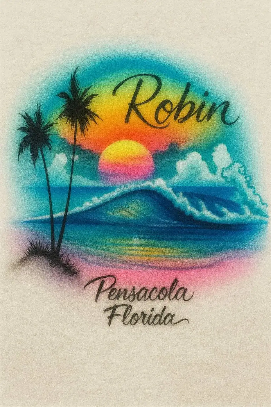 Robin wave sunset Pensacola Florida airbrush T-shirt design sample