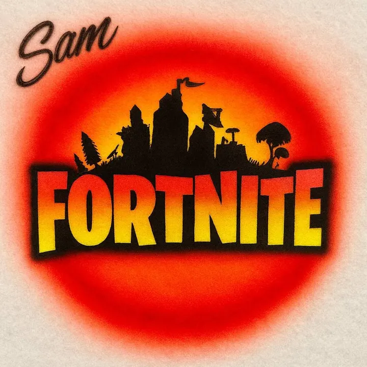 Sam personalized Fortnite-style airbrush T-shirt design sample with orange sunset glow and black game skyline silhouette