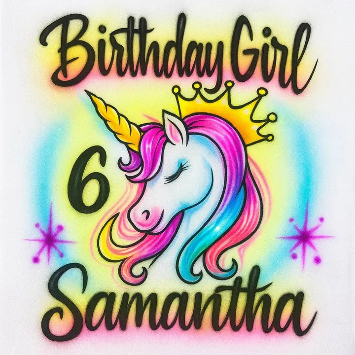 Birthday Girl Samantha age six unicorn airbrush T-shirt design sample with crown, stars and colorful mane