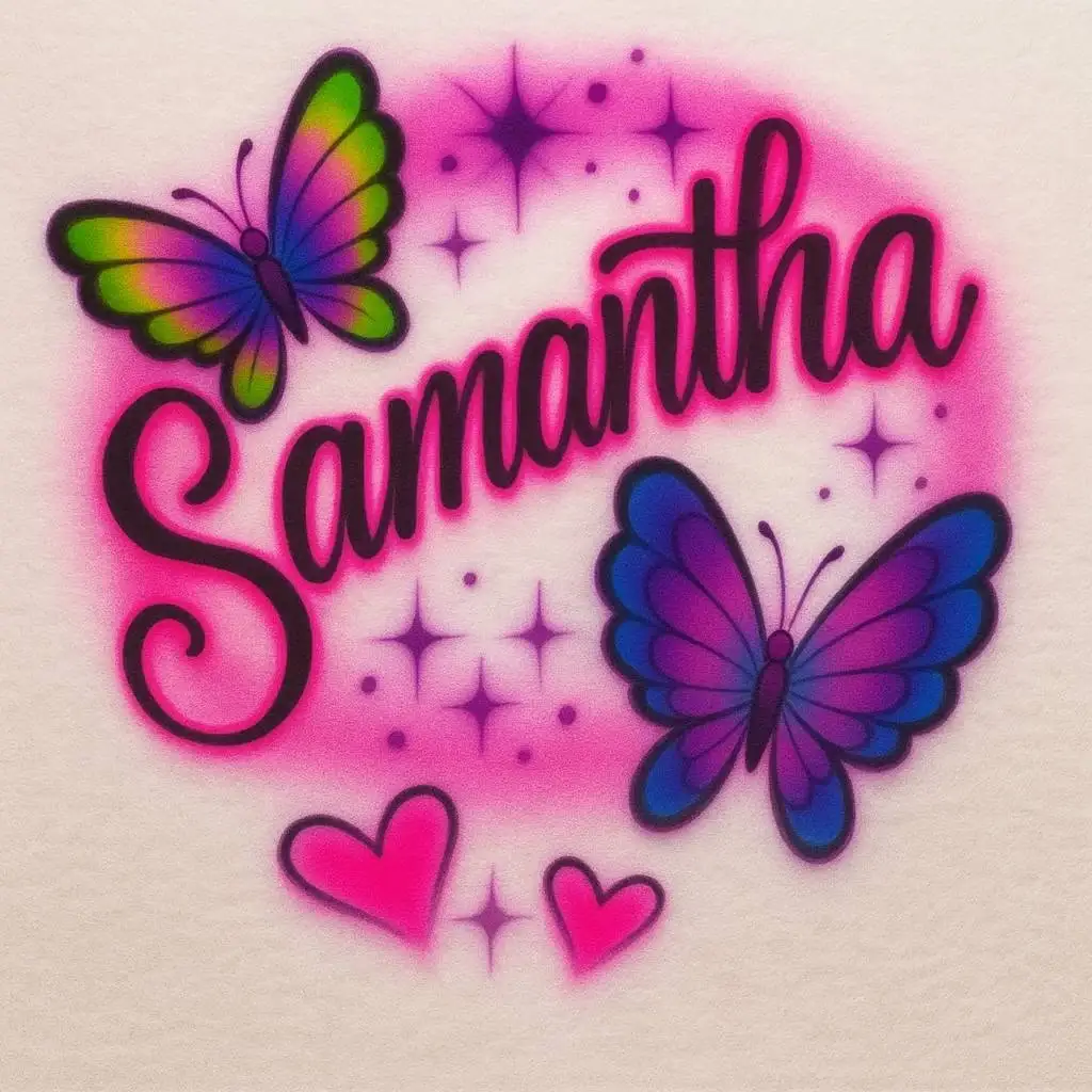 Samantha personalized butterfly airbrush T-shirt design sample with pink glow