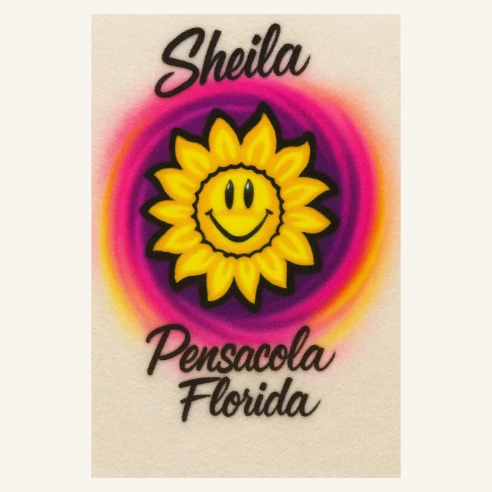 Sheila smiling sunflower Pensacola Florida airbrush T-shirt design sample