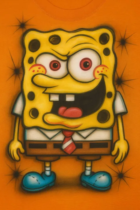 SpongeBob airbrush T-shirt design sample on an orange shirt with black starbursts